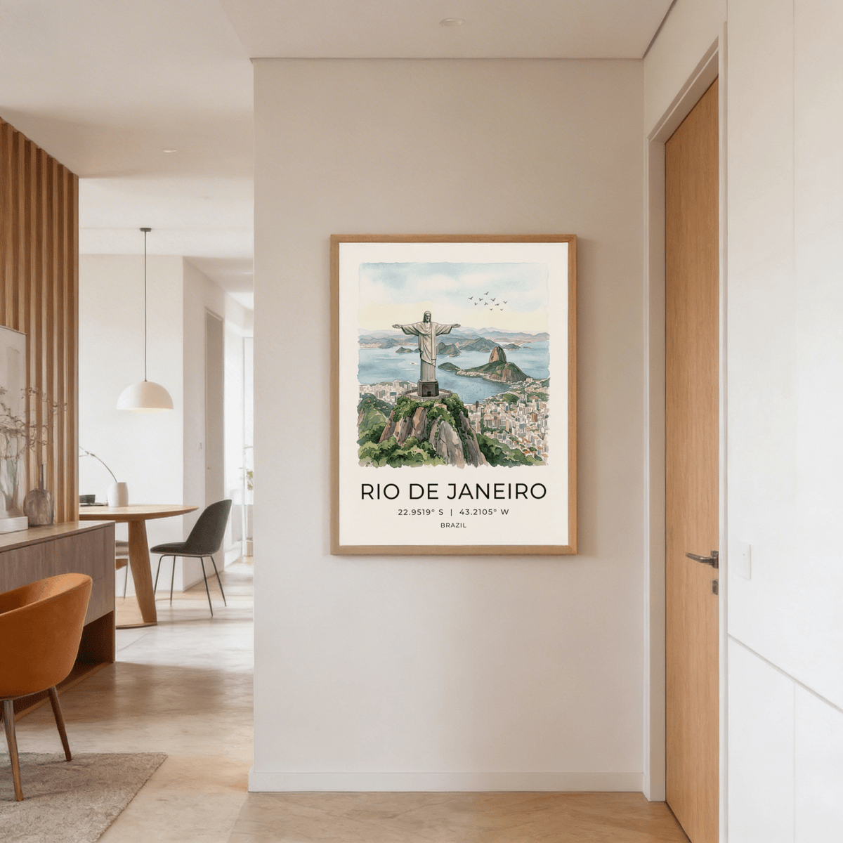 Cristo Redentor poster on a hallway wall showing a green and blue watercolour cityscape with statue and birds