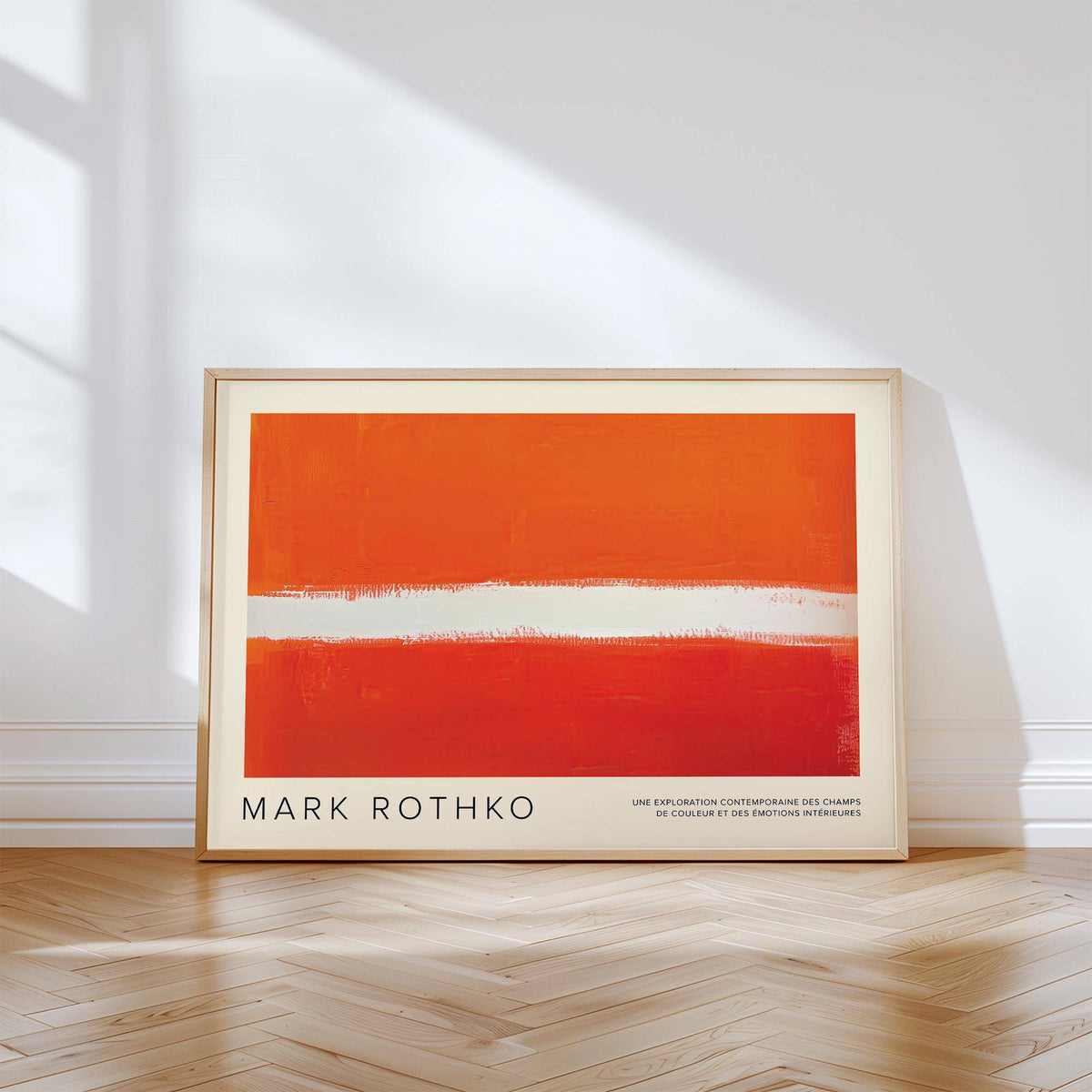 Framed orange red horizontal abstract with white line leaning on wooden floor by a white wall