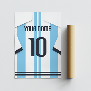 Custom football shirt print in light blue and white stripes shown with a packaging tube on a white background