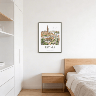 Seville art print of an illustrated cityscape with warm colours above a wooden bedside table