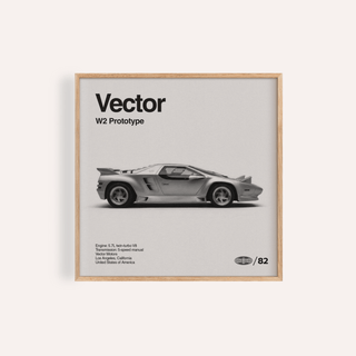 1980s Prototype Supercar poster close-up of a Vector W2 prototype car in black and white with text