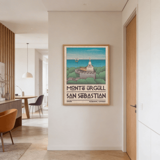 San Sebastian art print of Monte Urgull statue in minimalist illustration style hung in a hallway
