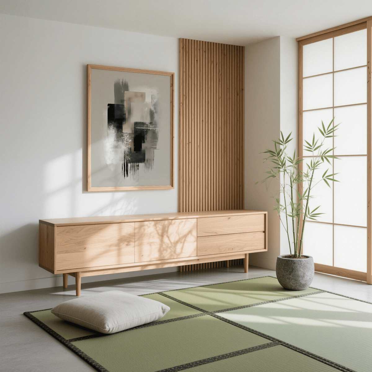 Large Wabi Sabi Print with abstract layered shapes in muted tones above a modern wooden sideboard
