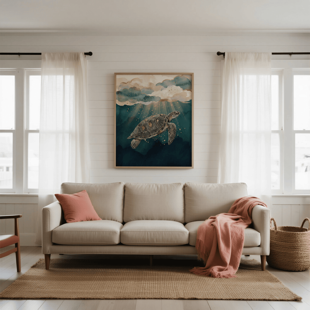 Ocean print decor of a watercolour sea turtle with gold accents above a beige sofa in a bright living room