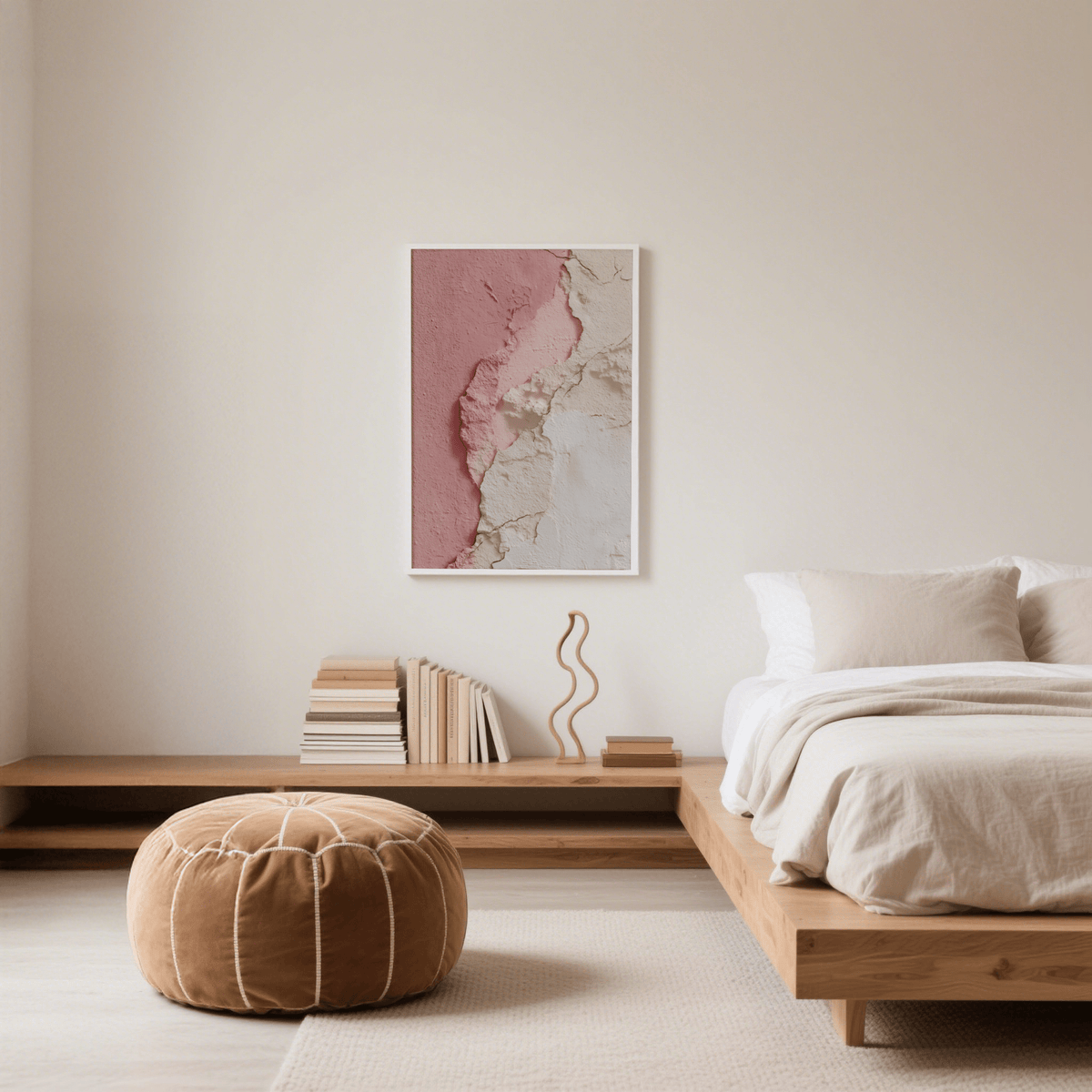 Pink Abstract Print hanging on a cream wall above a wooden shelf with books and a sculpture in a bedroom