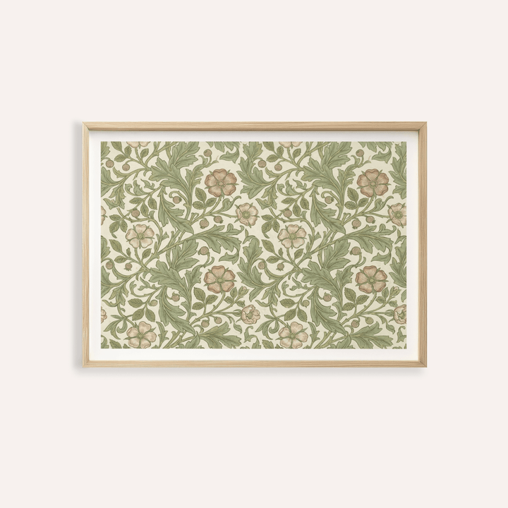 Framed botanical wall decor of vintage floral pattern with green and beige tones