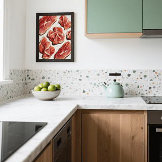 Parma Ham Poster framed print close-up of red ham slices in a kitchen with terrazzo tiles and mint kettle