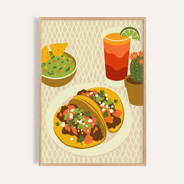 Tacos Art Print framed close-up of two tacos with toppings with a drink and cactus on patterned background