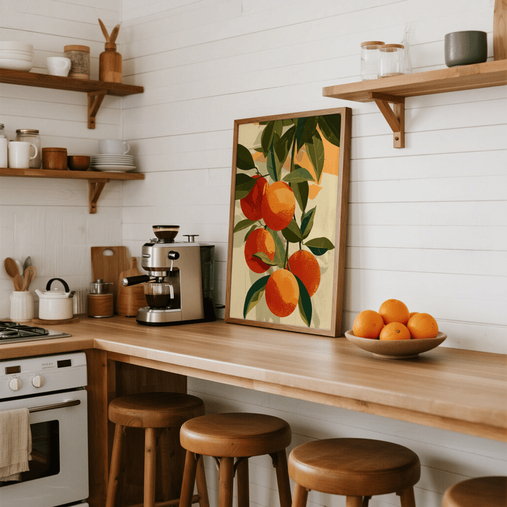 Fruit art print illustrating orange branches with green leaves leaning on a kitchen counter by a bowl of oranges
