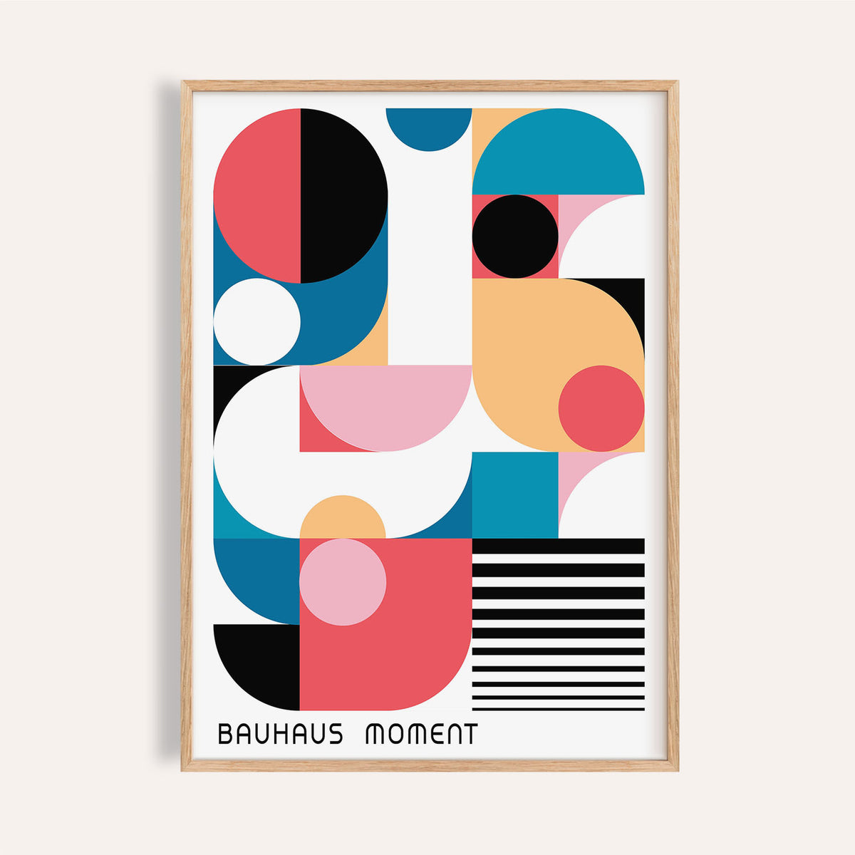 Framed Bauhaus Poster Color with abstract geometric shapes in red, blue, pink, and yellow