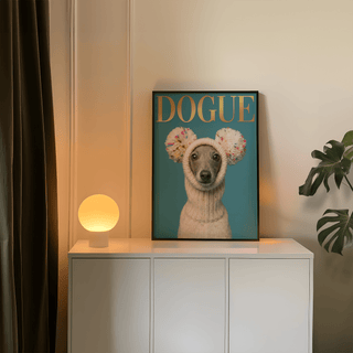 Print on a wall of Fashion Dog Poster showing a grey dog in a cream knit hat with colourful pom poms next to a lamp