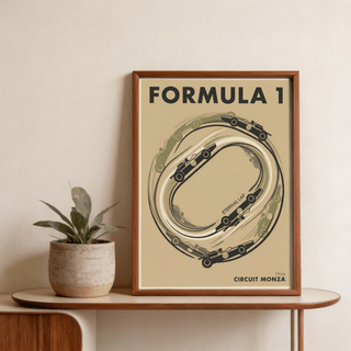 Wall art print with date detail in corner and streamlined car shapes circling track