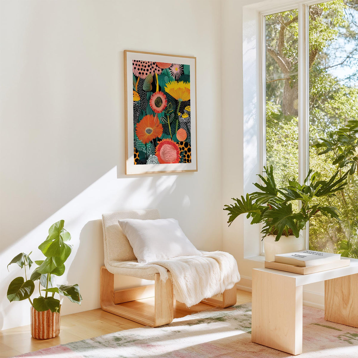 Beautiful Flower Art print with colourful abstract flowers hanging above a chair in a light airy room