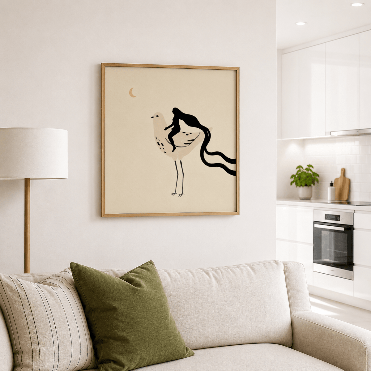 Whimsical Bird Art Print framed print on wall showing a woman riding a bird with beige and black tones above a sofa with green cushion
