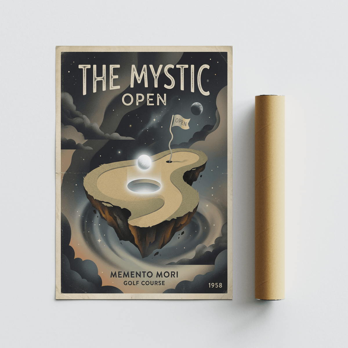 Memento Mori Golf Course Art Print of a floating golf green in retro surreal style with a brown packaging tube