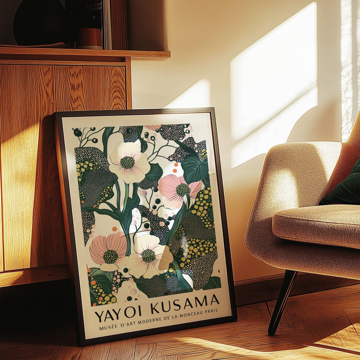Framed Green Pink Wall Art with poppy flowers illustration leaning against wooden furniture in sunlight