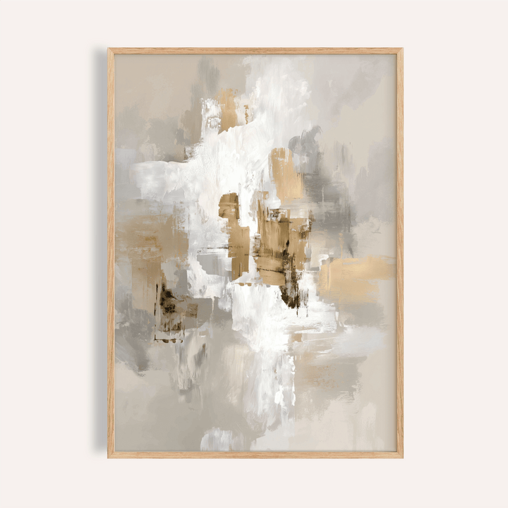 Framed Neutral Tones Art with neutral abstract brushstrokes in beige white and brown on a light wall