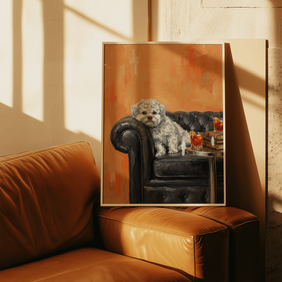 Dog with Human Face wall art of a white dog on a black leather sofa with orange background leaning on a brown leather couch