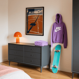 Framed outdoor sports wall art of a basketball hoop and ball with orange court in a bedroom beside a skateboard