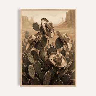 Framed print close-up of Southwestern Art Prints showing a prickly pear cactus with sombreros in sepia tones