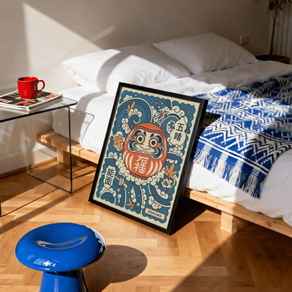 Daruma Art Print centered on lucky doll with graphic wave patterns
