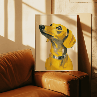 Print leaning on a leather sofa showing a yellow dachshund dog in contemporary style bathed in warm light