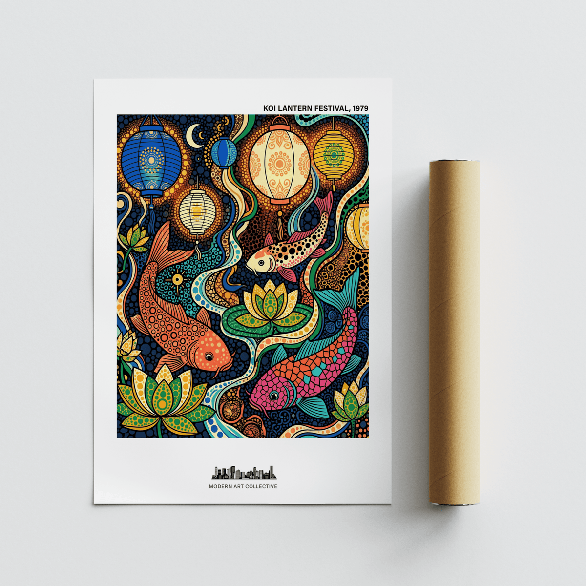 Colorful Koi Fish Poster laid flat with a brown packaging tube beside it illustrating koi fish with lanterns