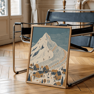 Winter Mountain Art Print leaning on a chair with a black leather seat and chrome frame