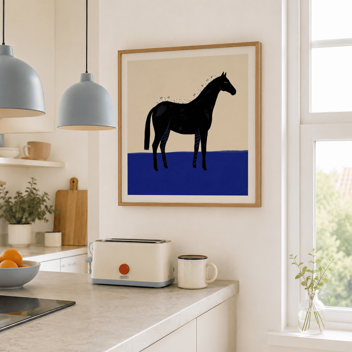 Black Horse wall art with minimalist black horse and white birds above a kitchen counter