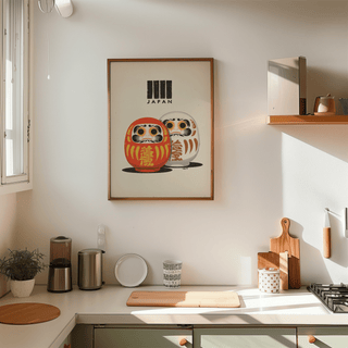 Daruma print on a kitchen wall with wooden shelf and kitchen utensils around