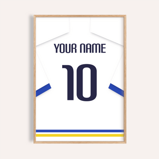 Football Shirt Poster in White with Blue Sleeves and Black Number