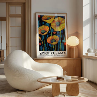 Art of Poppies print leaning on a wooden shelf beside a round lamp in a bright room