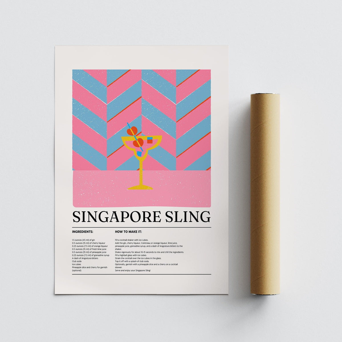 Drinks Art print of Singapore Sling cocktail with pink and blue chevron background beside a brown roll