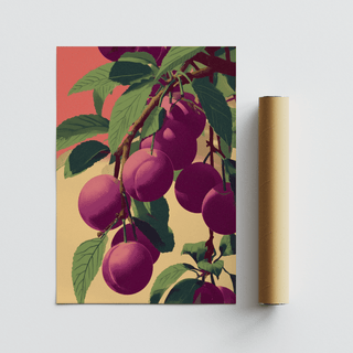 Plum Poster flat print of purple plums on green leafy branch alongside a rolled packaging tube