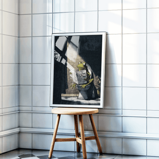 Print leaning on a wooden stool showing a frog sitting on a toilet reading a newspaper in dark tones