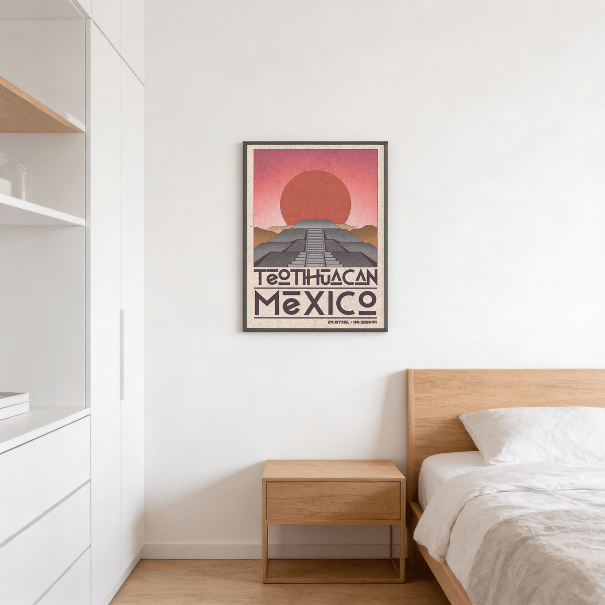 Teotihuacan wall art with pyramid and red sunset above a wooden bedside table
