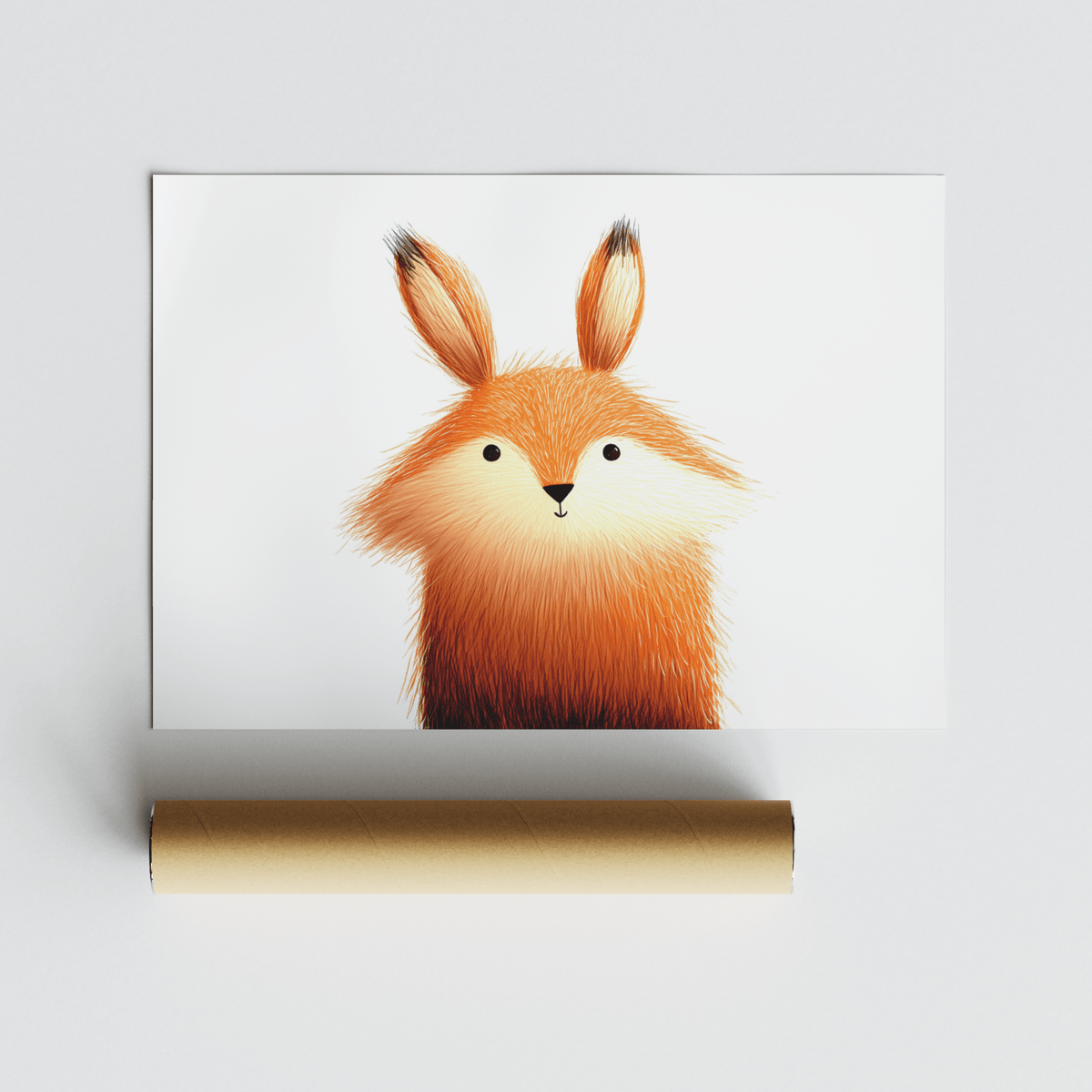 Rolled print of a cute fox poster showing an orange and white minimalist illustration