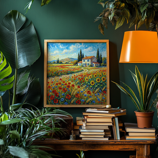 Vibrant Countryside wall art with a farmhouse and wildflowers in warm colours on a green wall above a wooden table with books and plants