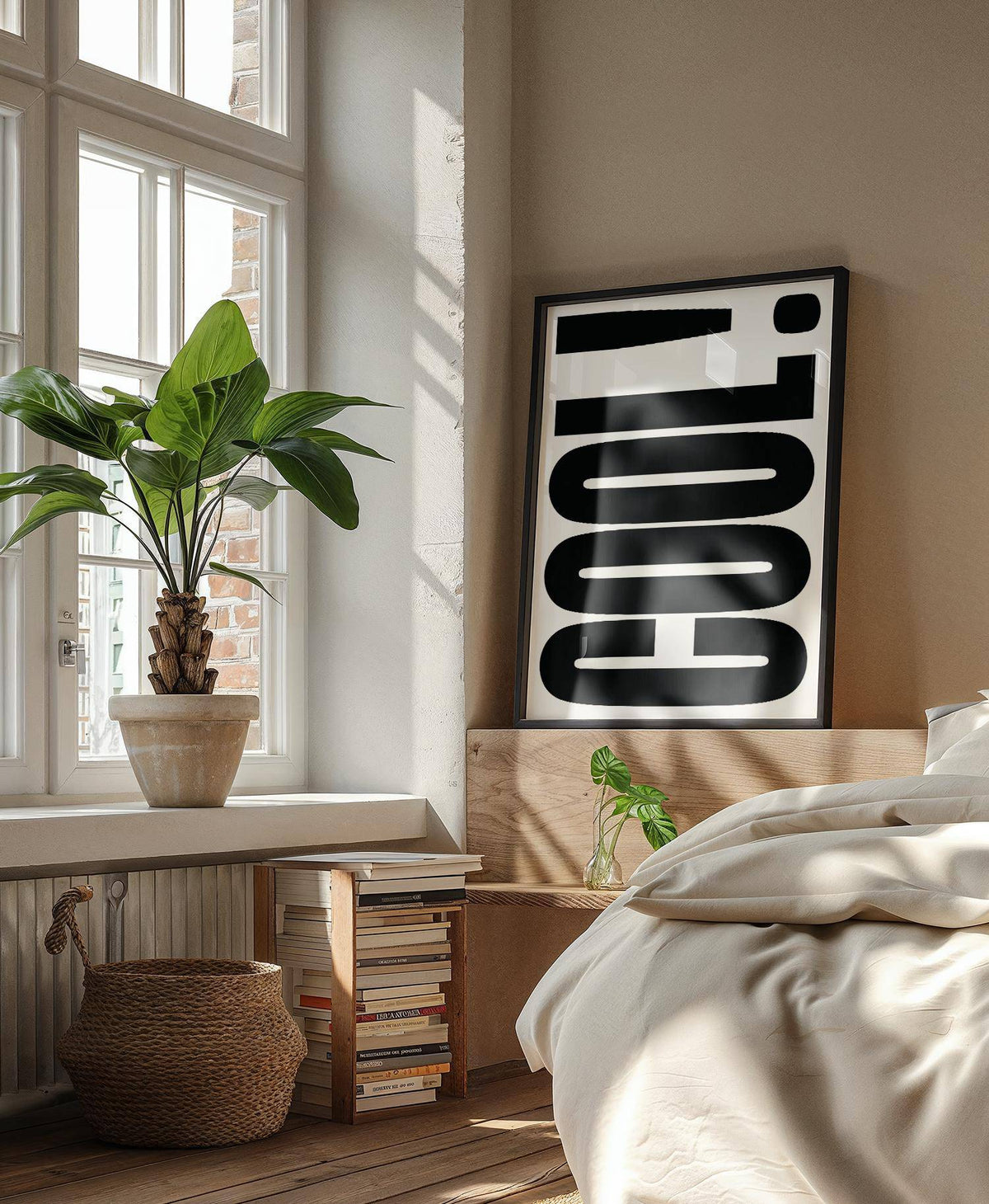 Framed Cool Typography Poster with bold black text leaning in a softly lit bedroom with a plant