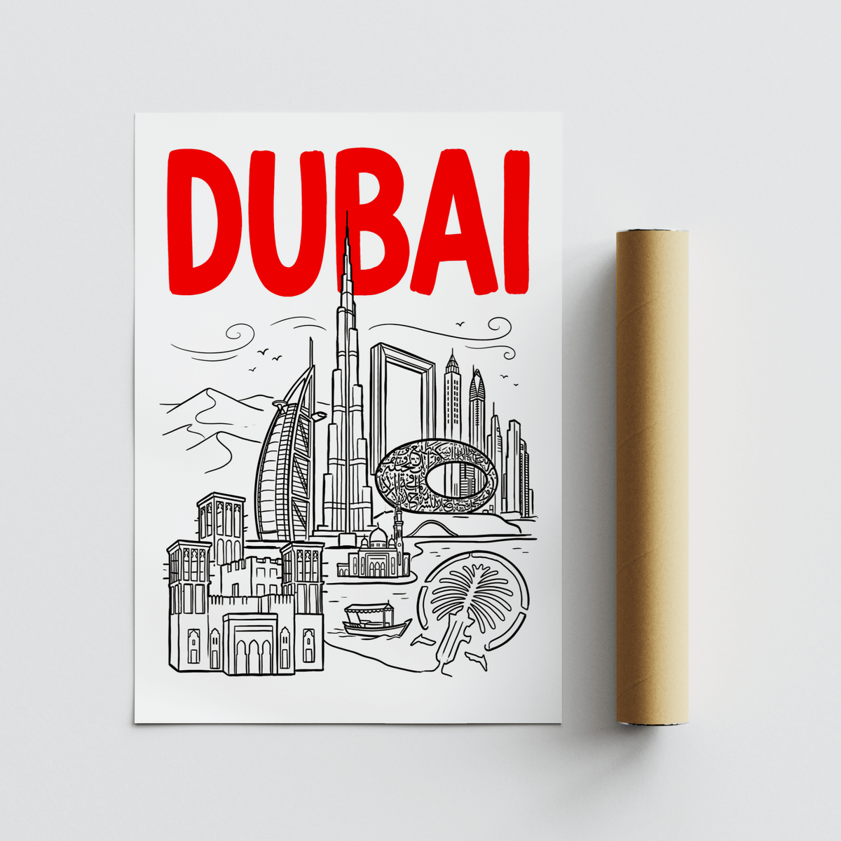 Dubai City Wall Art print leaning beside a brown packaging tube on a grey surface