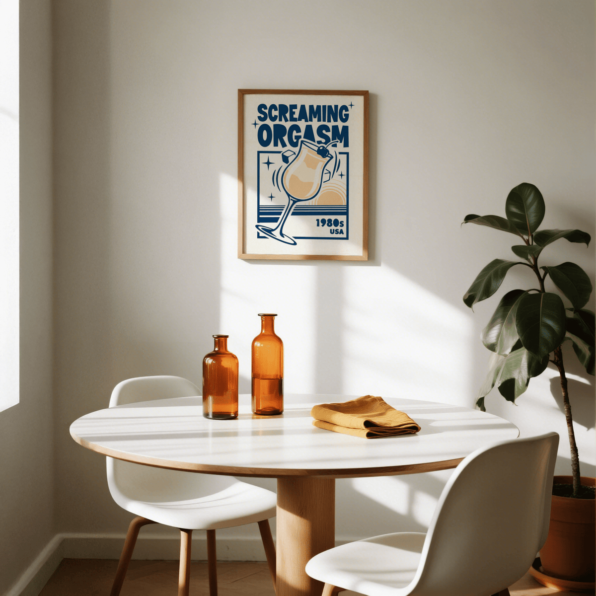 Retro Cocktail Poster on a wall above a round dining table with amber glass bottles and a plant