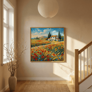 Vibrant Countryside wall art of a colourful wildflower meadow and farmhouse in a hallway