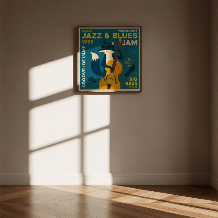 Jazz Blues Art print of a fox playing double bass in blue and yellow hanging on a beige wall with sunlight