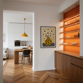 Yellow Vase Poster print on a wall in a dining area with wooden floor and orange shelving