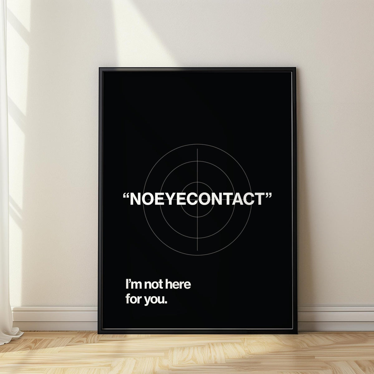 Print leaning on a floor with minimalist black and white typographic phrase gym art