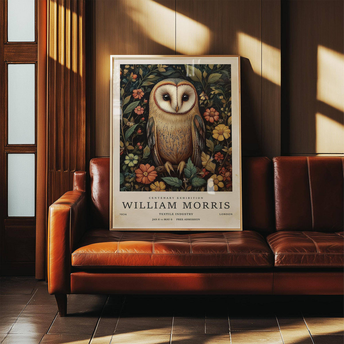 Owl prints leaning on a brown leather sofa with sunlight casting shadows on wood panelling wall