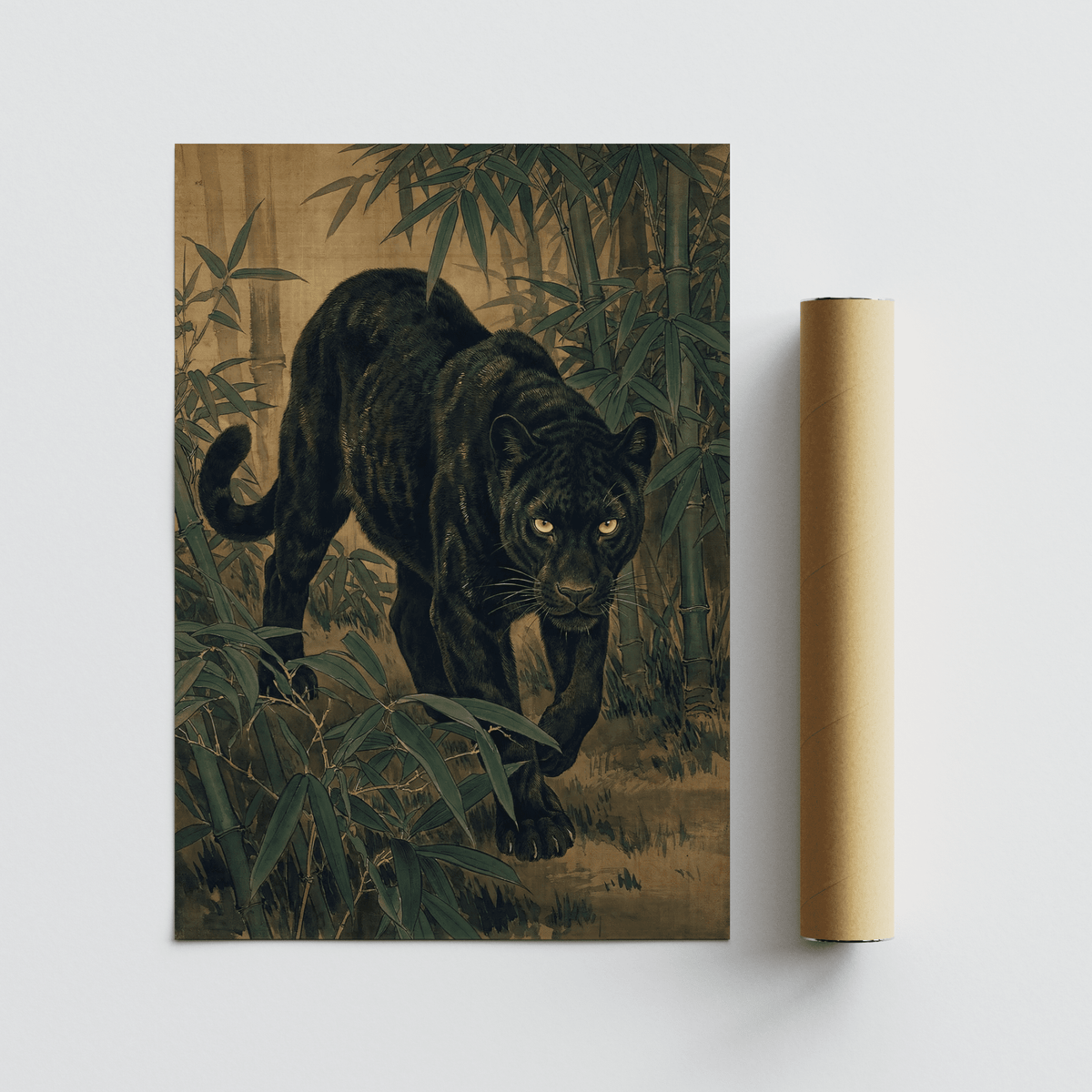 Bamboo Jungle Print showing black panther among green bamboo with packaging tube