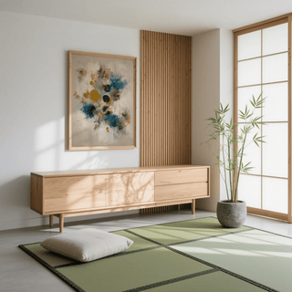 Modern Art Print framed print of abstract blue and gold shapes above a wooden sideboard in a room with tatami mats and a potted plant