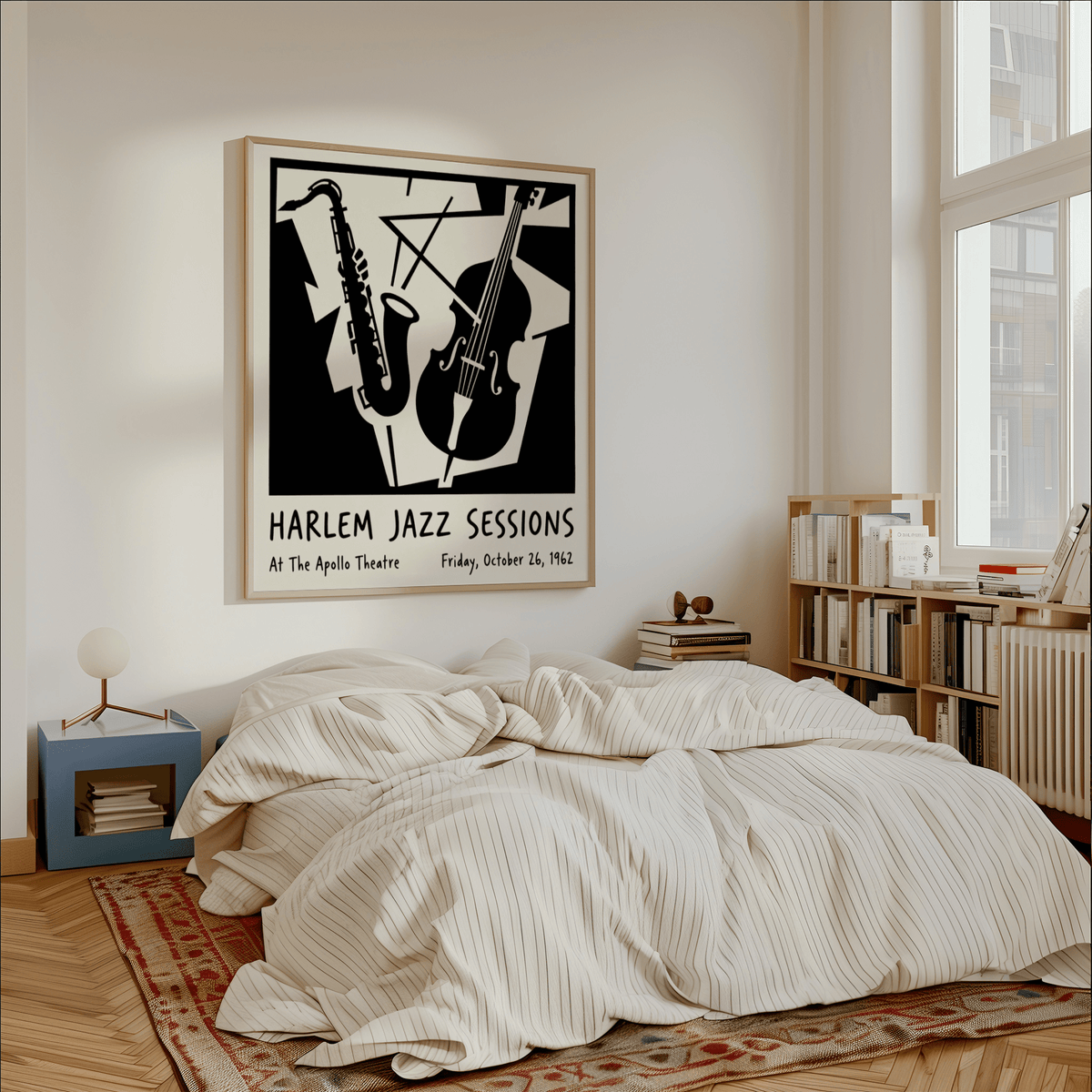Music poster wall art with minimalist black and white saxophone and double bass above a bed with striped bedding