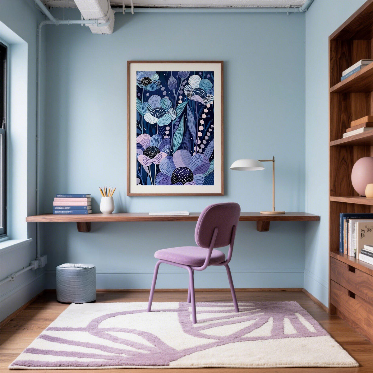 Modern Flower Art with indigo floral pattern and abstract botanical illustration in a pastel blue study